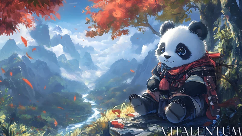 Panda character rests on cliff edge above distant valley