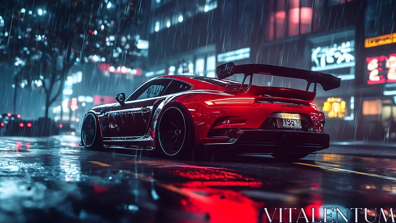 Red sports coupe on wet neon city street at night.