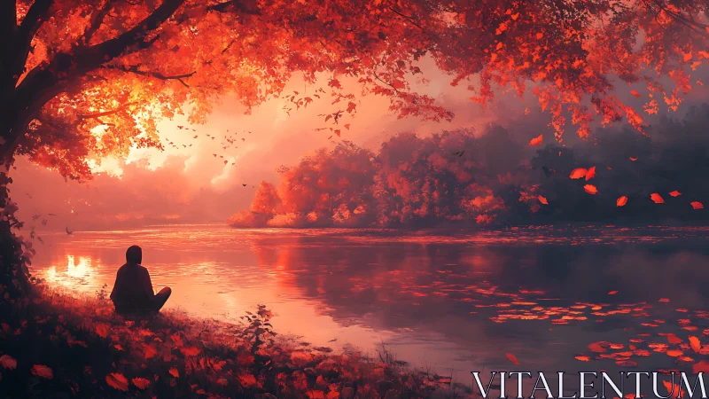 Solitary figure observing autumn river under fiery canopy glow
