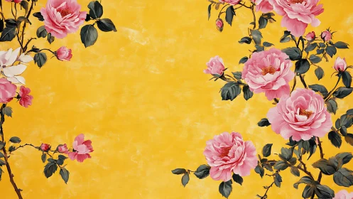 Pink peony branches on textured yellow background surface.