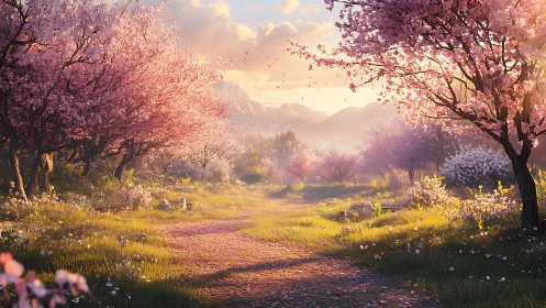 Sunlit blossom path curves through tranquil spring valley