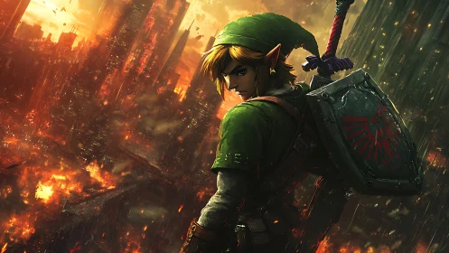 Elf warrior over burning futuristic cityscape at dusk.