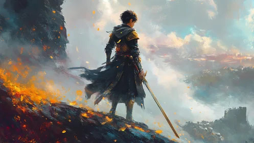 Lone warrior overlooking burning cliffs in painterly fantasy.