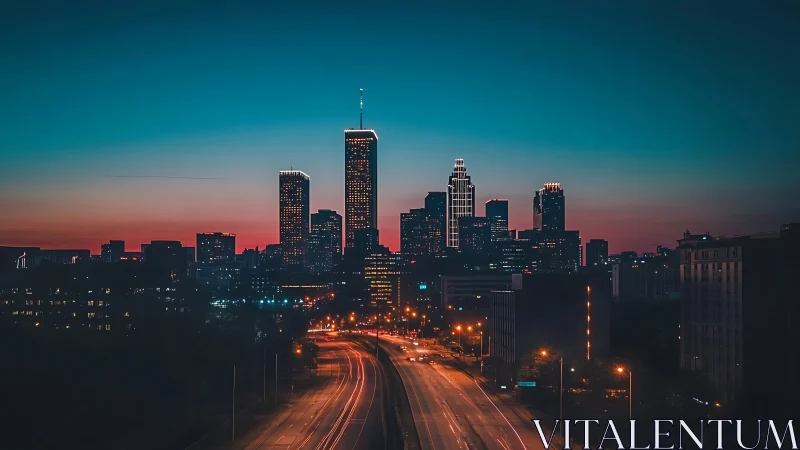 Urban skyline with highway at dusk under gradient sky.