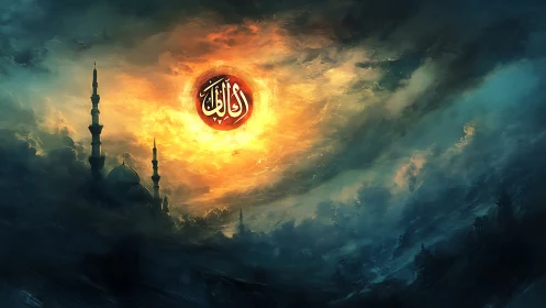 Mosque silhouette under swirling clouds and calligraphic sun.
