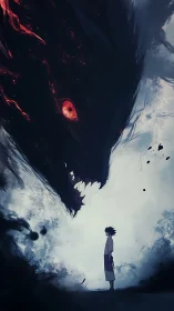 Solitary anime figure confronting vast shadow beast.