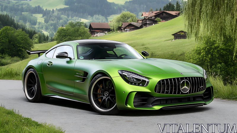 Green performance coupe framed by scenic alpine countryside.