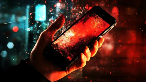 Hand gripping smartphone amid red digital glitch particle dispersion