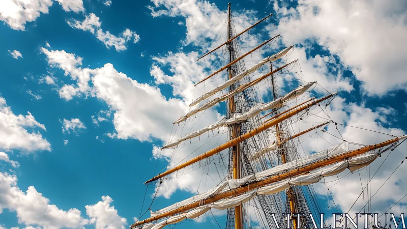 Majestic Tall Ship Masts and Sails Against Vibrant Blue Sky.