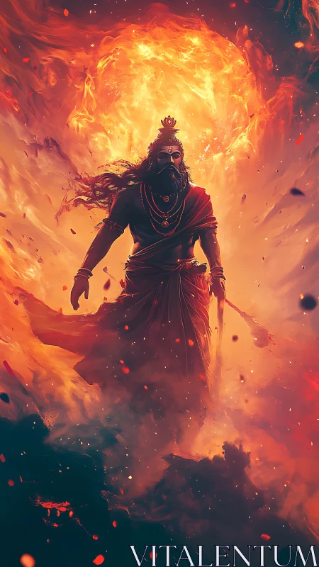 Fiery celestial sage strides forward through swirling embers