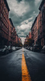 Moody city street perspective under storm-heavy sky.