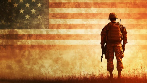 US soldier silhouette before weathered American flag backdrop.