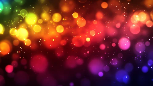 Vibrant abstract bokeh lights in rainbow colors, digital art style.