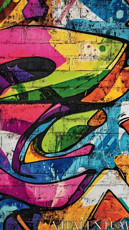 Layered neon graffiti sweeps across distressed brick wall.