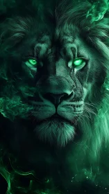 Emerald firemane lion gazes through enchanted neon dusk.
