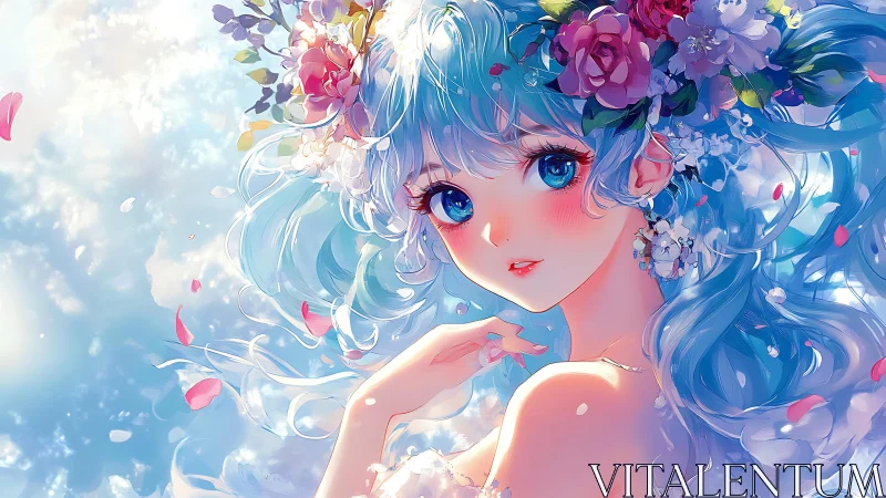 Skylit flower-crowned girl with radiant blue hair portrait.