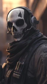 Tactical operator in skull mask under cinematic dusk light.