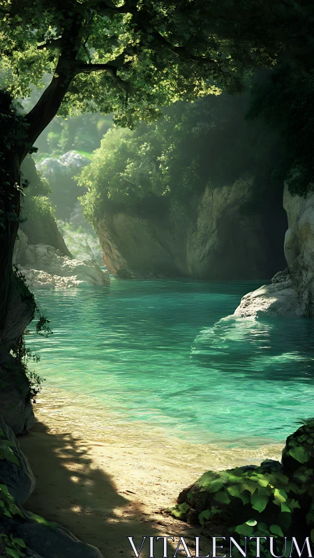 Emerald cove hush where sunlight braids through leaves.