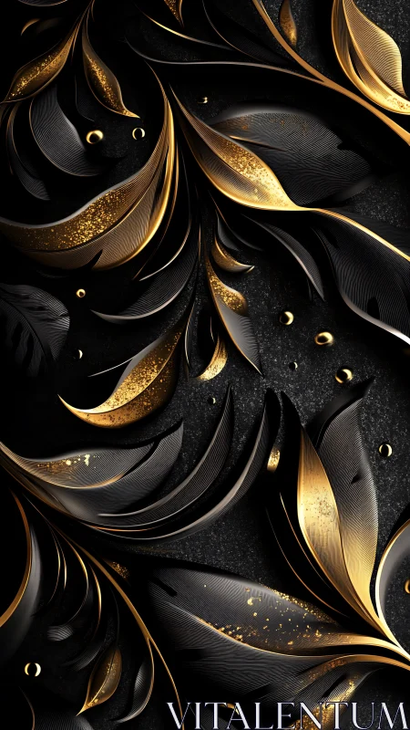 Black and gold abstract leaf-like forms on dark textured field.