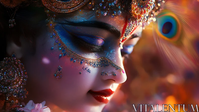 Profile portrait renders jeweled, peacock-accented visage in vivid bokeh