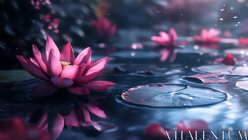 Pink lotus glows over dusk pond with reflective ripples.