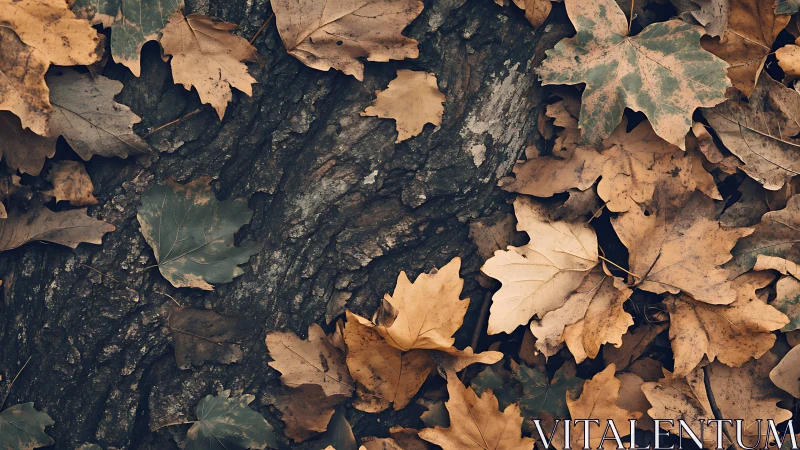 Fallen maple leaves scattered over rough tree bark surface.