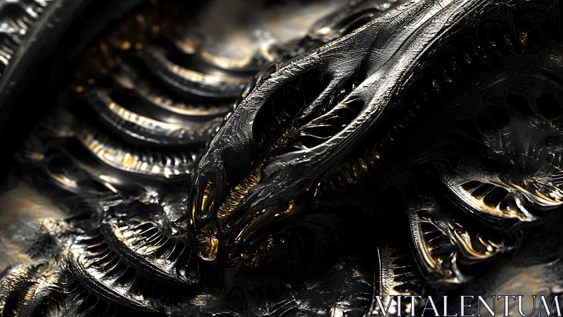 Gleaming alien textures with dark metallic sculpted curves.