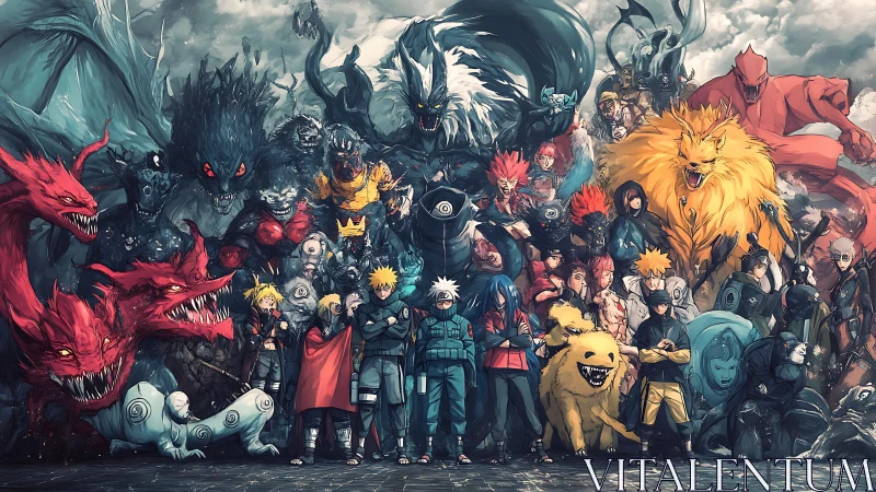Group portrait of stylized ninja characters and tailed beasts.