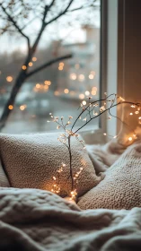Cozy bed nook with pillows and string lights by window.