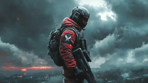 Stormlit sentinel in red stalks the fractured battlefield horizon