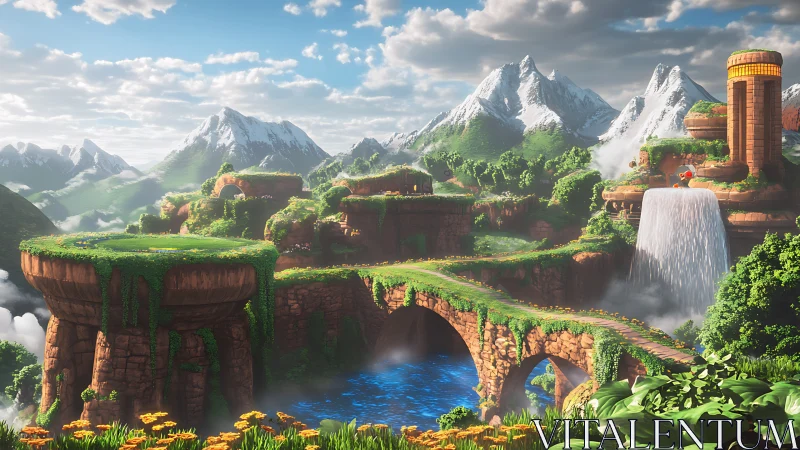 Fantasy mountain valley shows terraced ruins and stone bridge