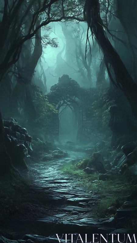 Misty Forest Ravine with Structural Ruins and Luminescent Atmospheric Rendering