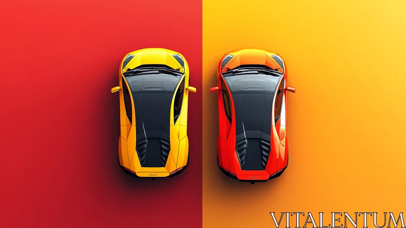 Dual supercars on split red and yellow gradient field.