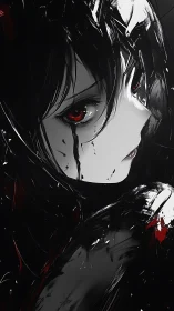 High-contrast anime portrait isolates a bleeding red gaze