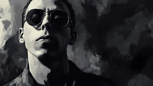 Monochrome portrait of person in round sunglasses, shaded face.