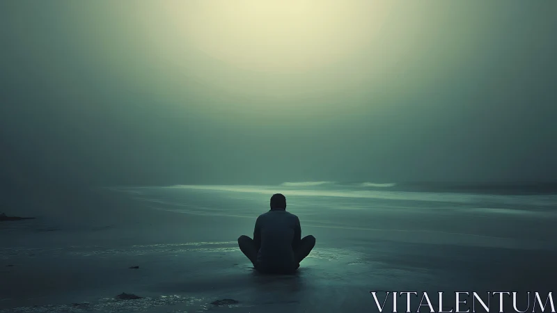 Solitary figure seated on misty shoreline at dawn.