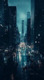 Rain-soaked night city avenue glows with dense traffic lights