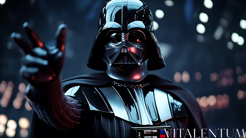 Armored sci-fi villain extends gloved hand in neon hangar