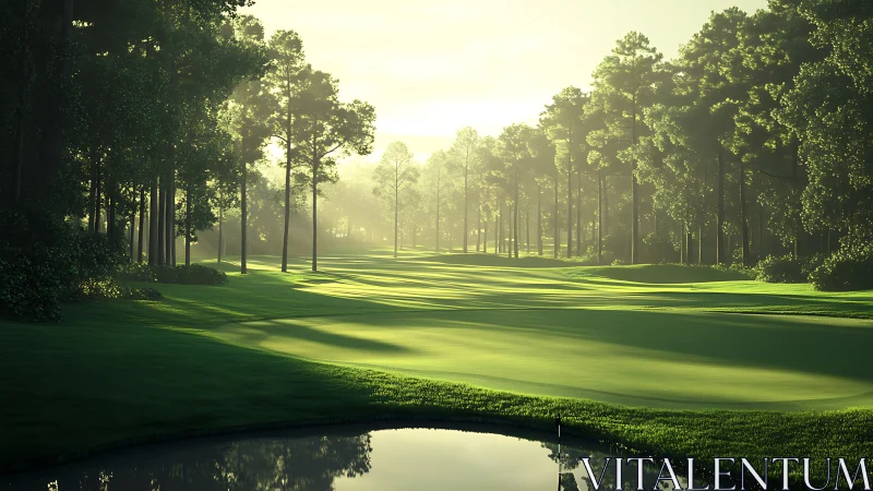 Morning mist drapes a tranquil forest-framed golf fairway