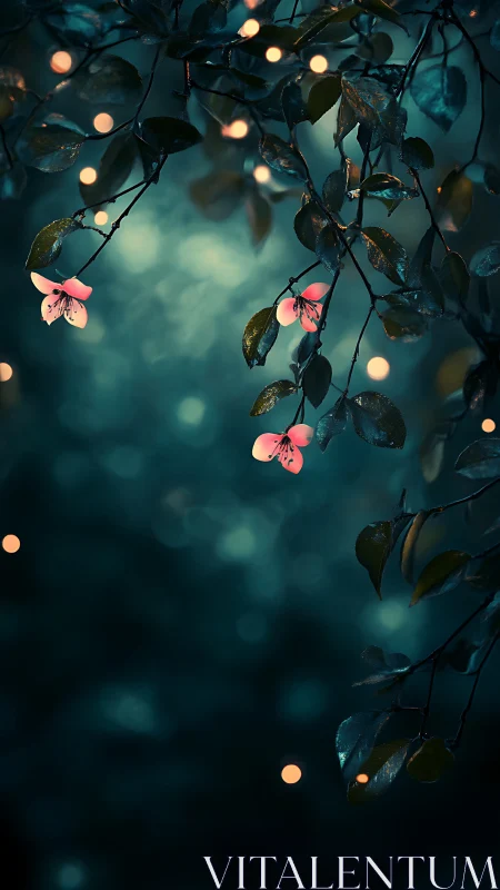 Nocturnal bokeh-lit blossom branches in teal forest atmosphere