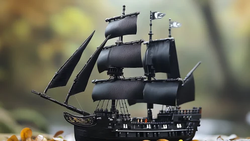 Macro shot of black plastic pirate ship model with sails set