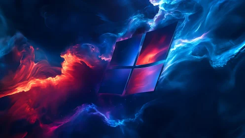 Windows-style quadrants float amid red and blue nebula