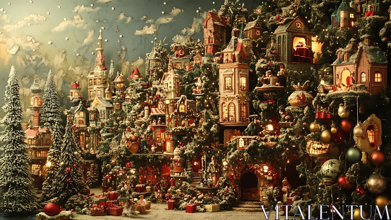 Miniature snowy Christmas village fills dense festive scene