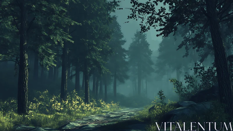 Misty Forest Path Through Towering Ancient Trees