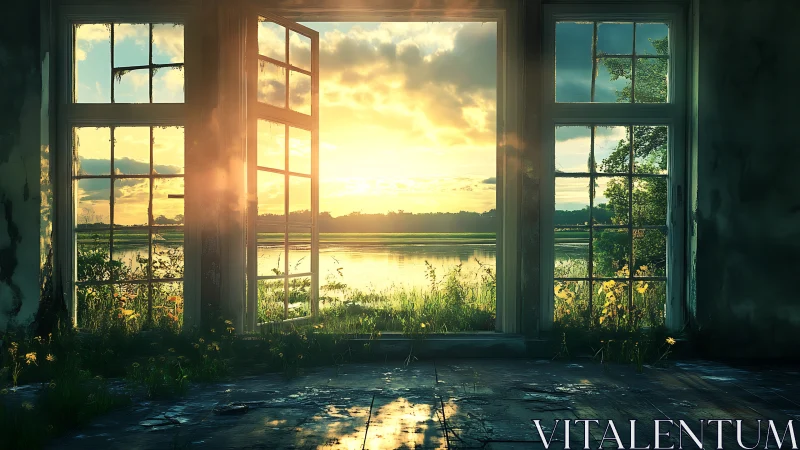 Backlit lakeside sunset framed by weathered window panels