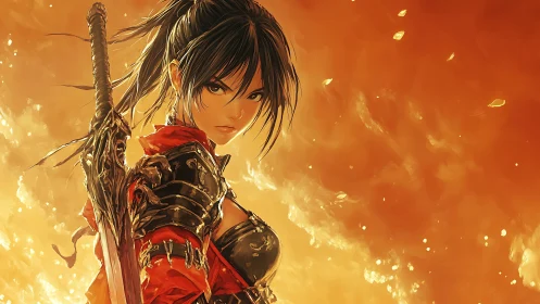 Armored swordswoman in ember-lit battlefield cinematic profile
