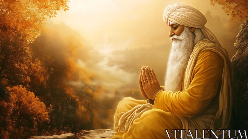 Elderly sage meditating in warm autumn mountain light.