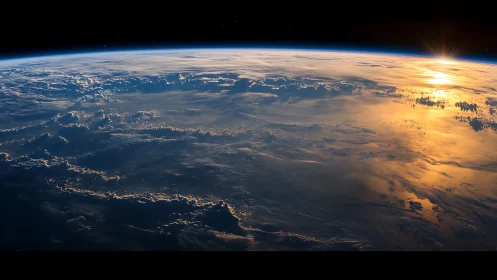Earth horizon from space with low sunrise and cloud cover.