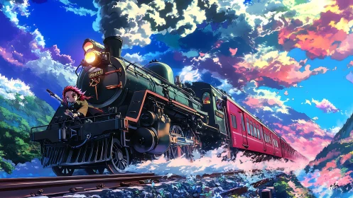 Anime steam train rushing through vivid sunset clouds.