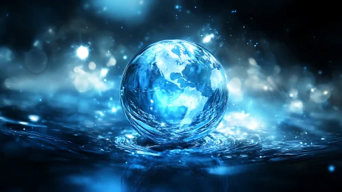 Glowing water sphere models Earth with detailed global map